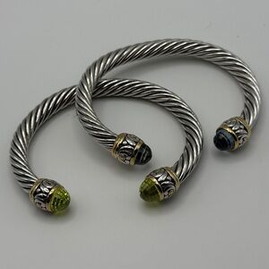 Silver-Tone Twisted Cable Cuff Bracelet with Green and Blue Gem-Ends
